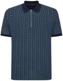 Clearance Bigdude AOP Geometric Zipped Polo Navy Polo Shirts