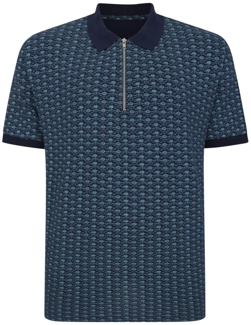 Clearance Bigdude AOP Geometric Zipped Polo Navy Polo Shirts