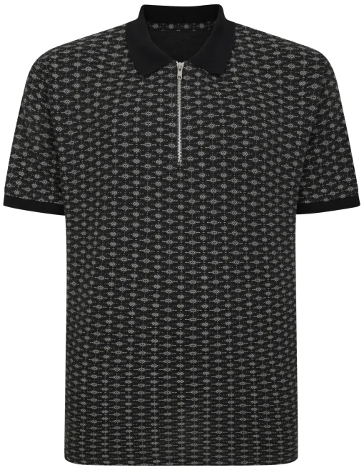 Online Bigdude AOP Geometric Zipped Polo Charcoal Polo Shirts