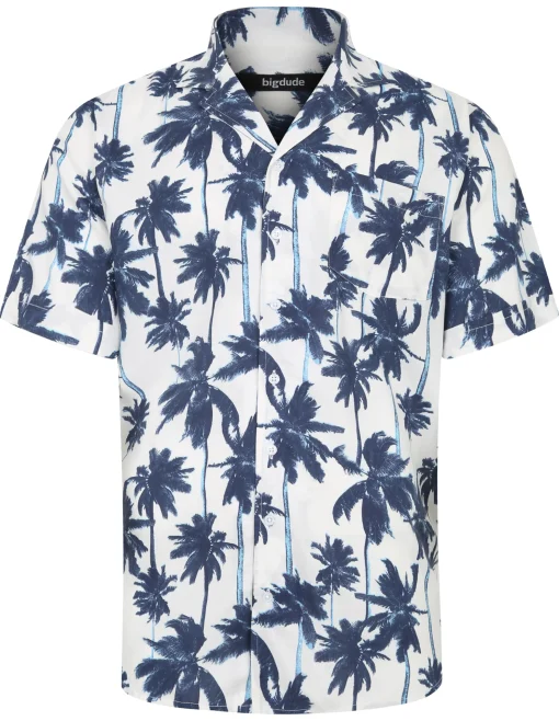 Outlet Bigdude Blue Palms Viscose Relaxed Collar Shirt White Tall Casual Shirts