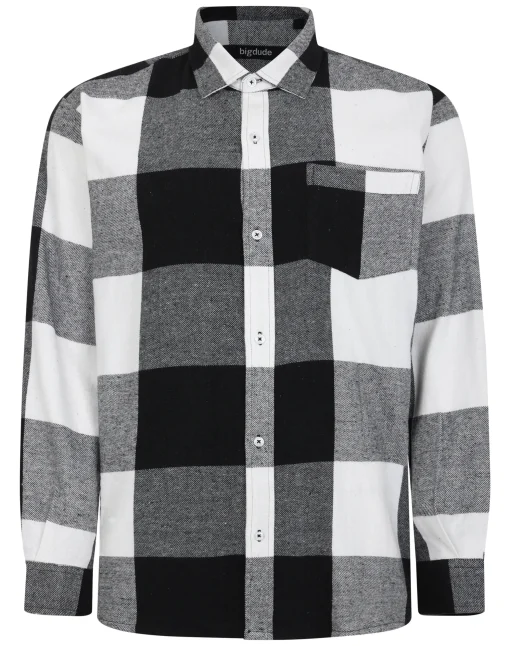 Hot Bigdude Checked Flannel Long Sleeve Shirt Black/White Casual Shirts