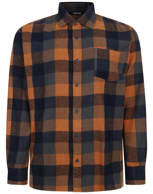 Fashion Bigdude Checked Flannel Long Sleeve Shirt Orange/Navy Tall Casual Shirts
