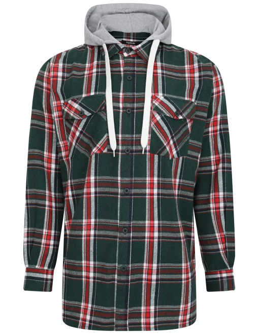 Outlet Bigdude Hooded Flannel Checked Shirt Green/Red Tall Casual Shirts