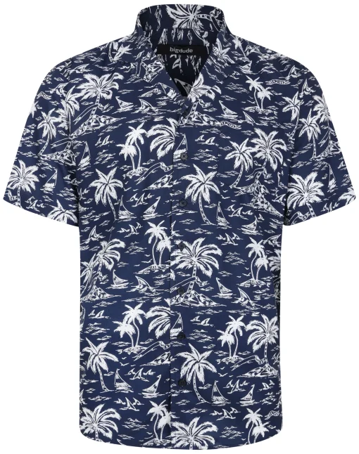 Discount Bigdude Ocean Viscose Relaxed Collar Shirt Navy Tall Casual Shirts