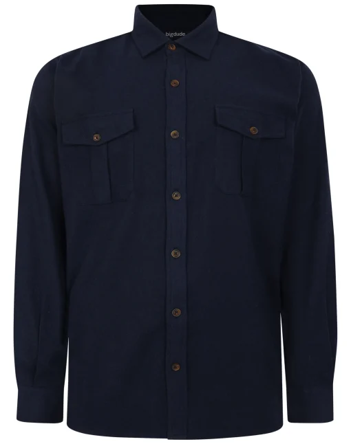 Online Bigdude Plain Flannel Long Sleeve Shirt Navy Casual Shirts