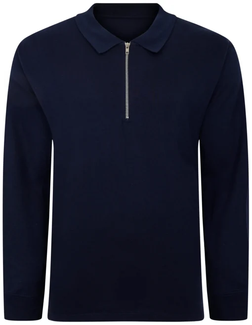 New Bigdude Smart Single Jersey Long Sleeve Polo With Zip Navy Polo Shirts