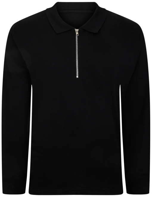 Outlet Bigdude Smart Single Jersey Long Sleeve Polo With Zip Black Polo Shirts