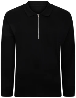 Sale Bigdude Smart Single Jersey Long Sleeve Polo With Zip Black Tall Polo Shirts