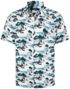 Fashion Bigdude Tropical Island Viscose Relaxed Collar Shirt White Casual Shirts