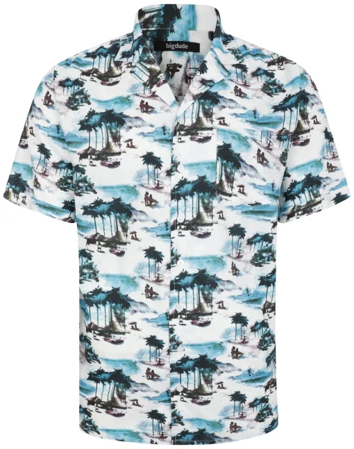 Fashion Bigdude Tropical Island Viscose Relaxed Collar Shirt White Casual Shirts