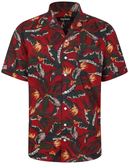Clearance Bigdude Tropical Trees Viscose Relaxed Collar Shirt Pepper Red Casual Shirts