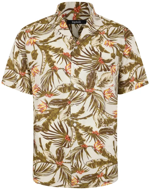 New Bigdude Tropical Trees Viscose Relaxed Collar Shirt White Tall Casual Shirts